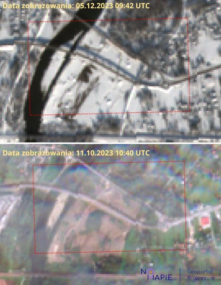 Przykładowe porównanie zdjęć satelitarnych w raporcie satelitarnym, Na Mapie