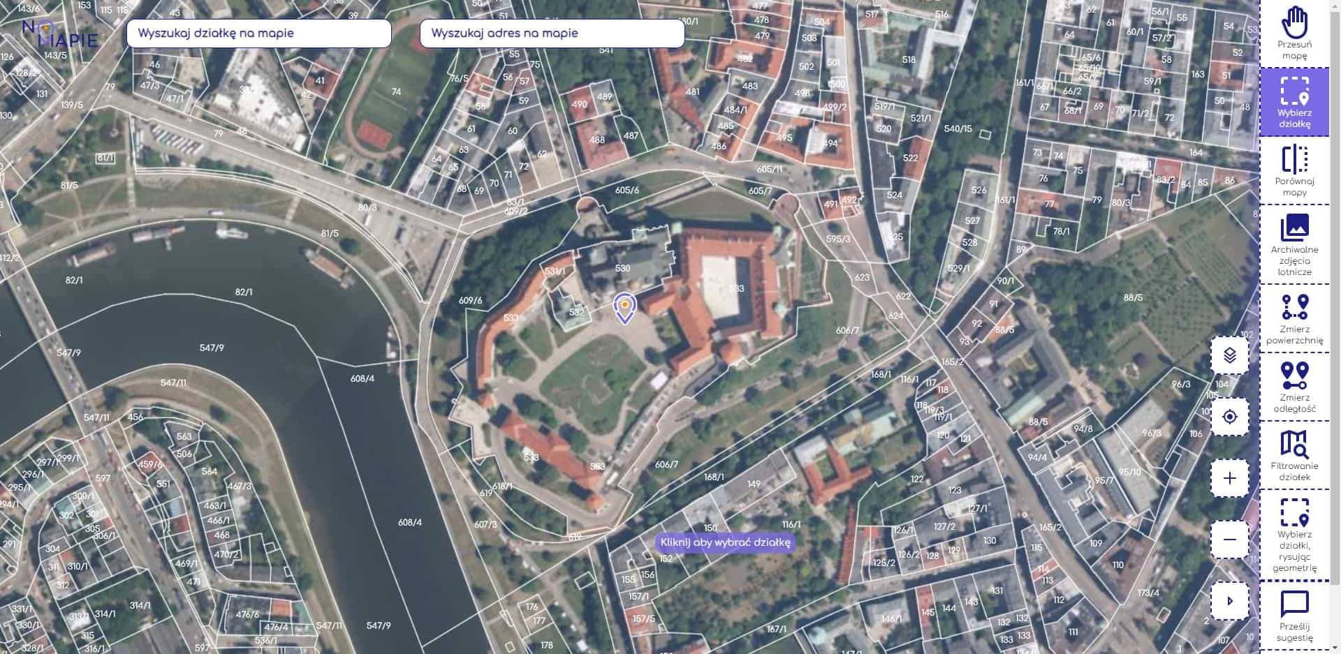 Przykładowa mapa satelitarna z numerami działek - Kraków Wawel