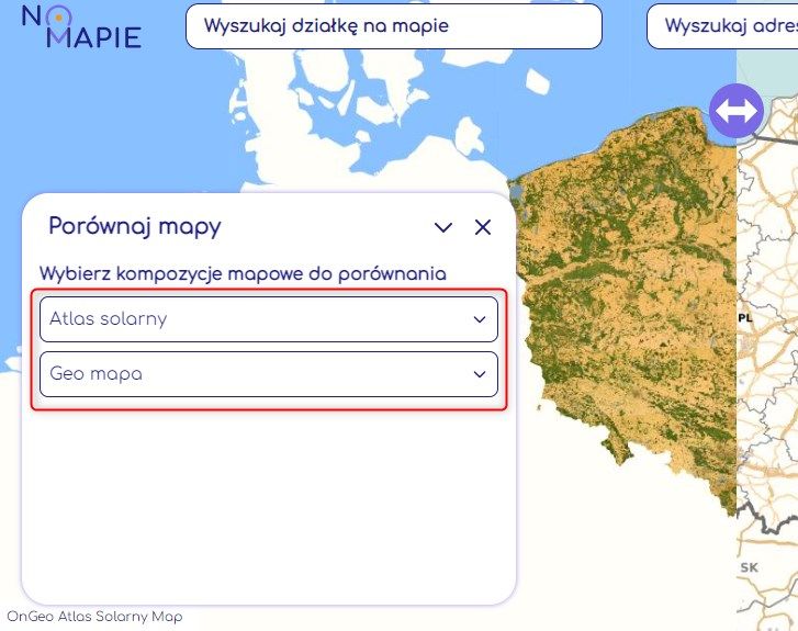 Panel narzędzia porównywania map - wybór kompozycji map